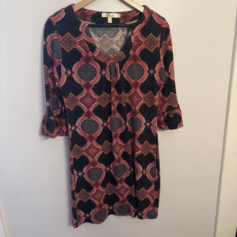 Aryeh Women's Black Patterned Dress 3/4 Bell Sleeves Size Medium